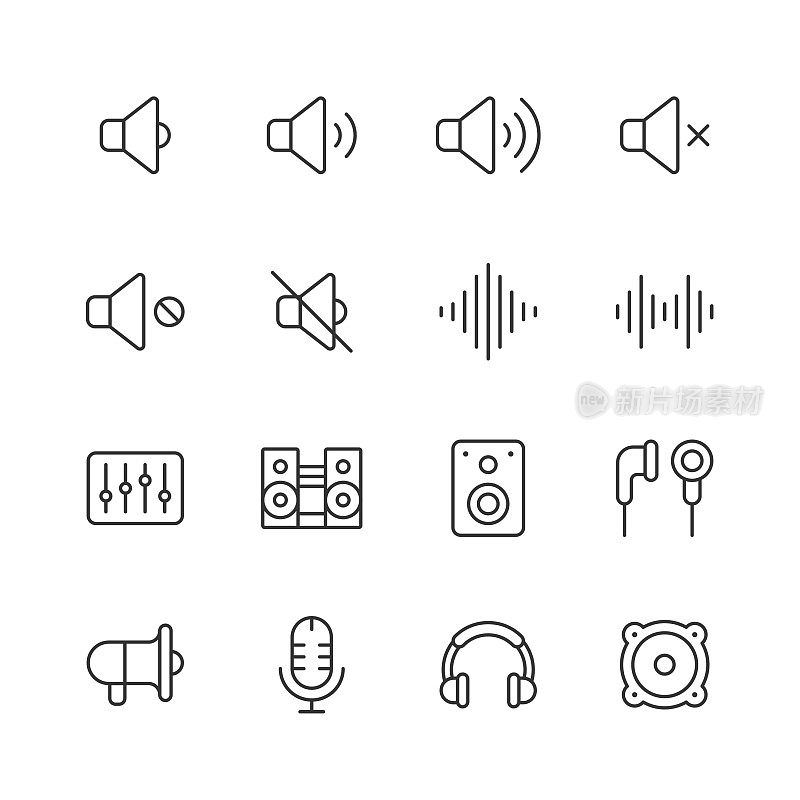 Audio Line Icons. Editable Stroke. Pixel Perfect. For Mobile and Web. Contains such icons as Sound, Volume, Mute, Music, Sound Wave, Frequency, Stereo, Mixer, Speaker, Earphones, Music, Radio, Microphone, Headphones, Speaking, Ear.